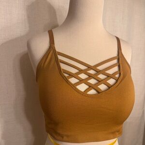 Zenana Outfitters Bralette Crossed Lattice Front Stretchy Size 1X-2X Gold